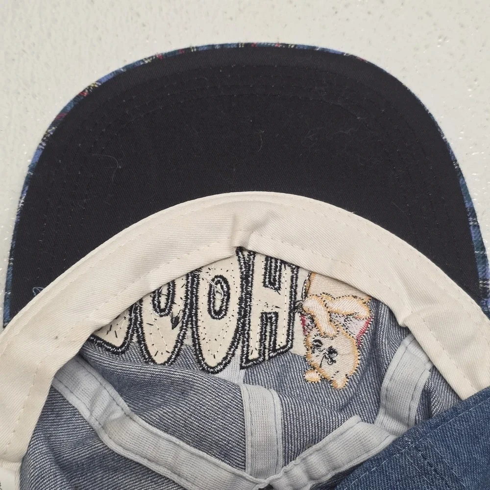Vintage Disney Embroidered Winnie The Pooh Hat Elastic Band Blue‎ Plaid Denim